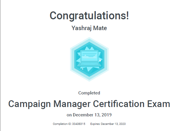 Campaign Manager Certificate - Yashraj